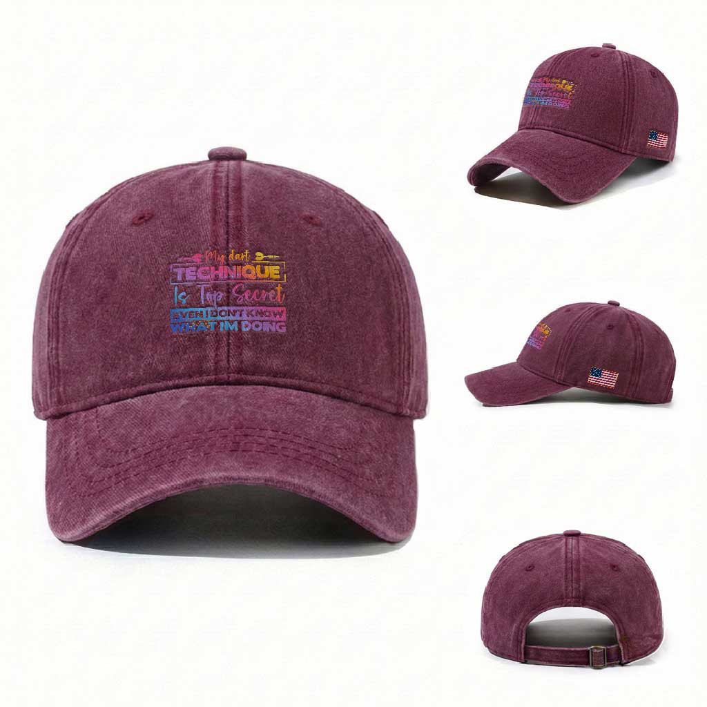 My Dart Technique Is Top Secret Washed Cotton Baseball Cap Funny Dartist Gift TS12 Washed Cap Universal Fit Burgundy Print Your Wear