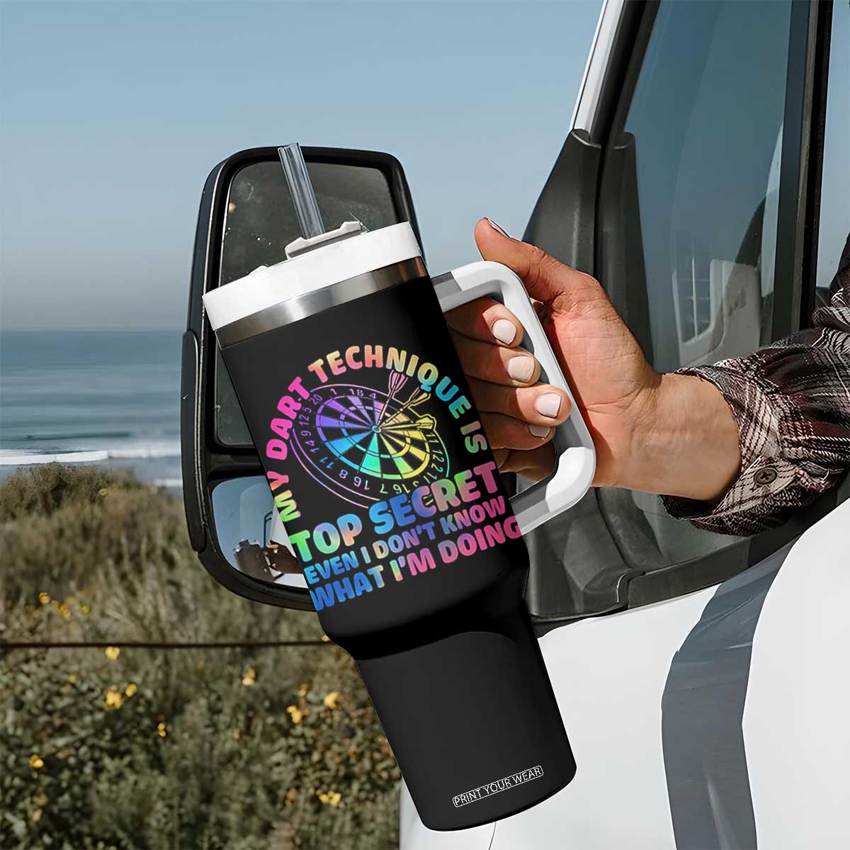 My Dart Technique Is Top Secret Tumbler With Handle Vintage Tie Dye Dart Lover TS12 Print Your Wear