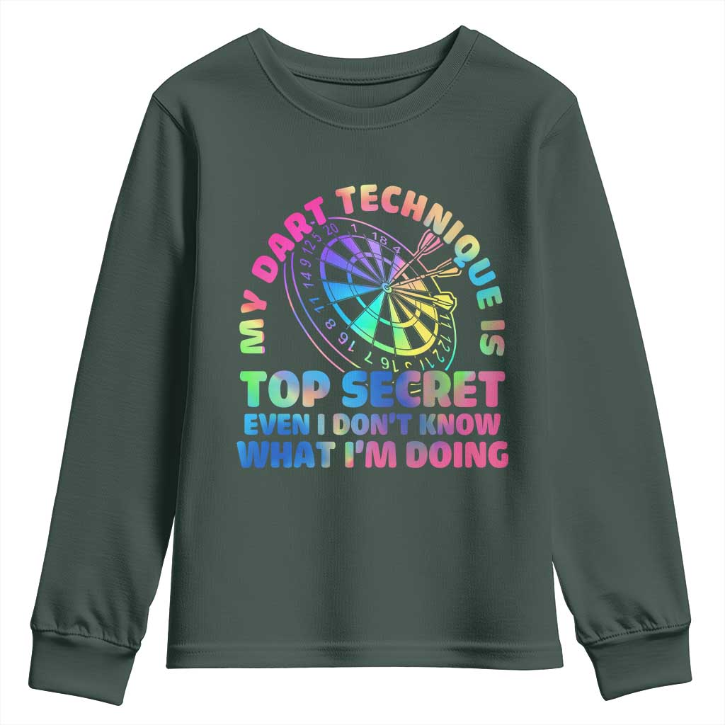 My Dart Technique Is Top Secret Youth Sweatshirt Vintage Tie Dye Dart Lover TS12 Dark Forest Green Print Your Wear