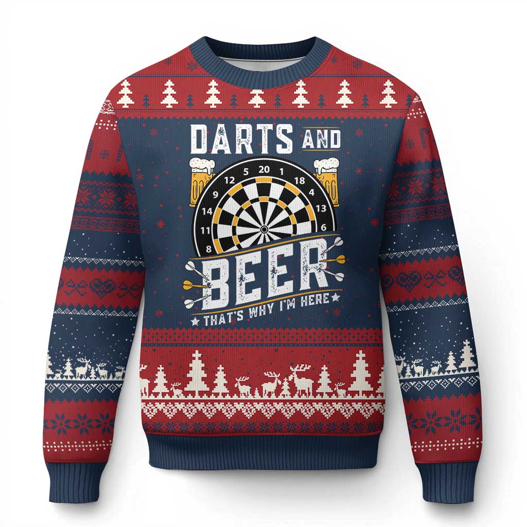 Darts And Beer That Is Why I Am Here Ugly Christmas Sweater Funny Pub Game Darts Lover Gift TS12 Navy Red Print Your Wear