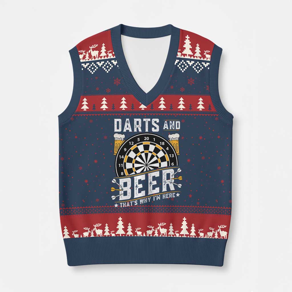Darts And Beer That Is Why I Am Here V-Neck Knit Sweater Vest Funny Pub Game Darts Lover Gift TS12 Navy Red Print Your Wear