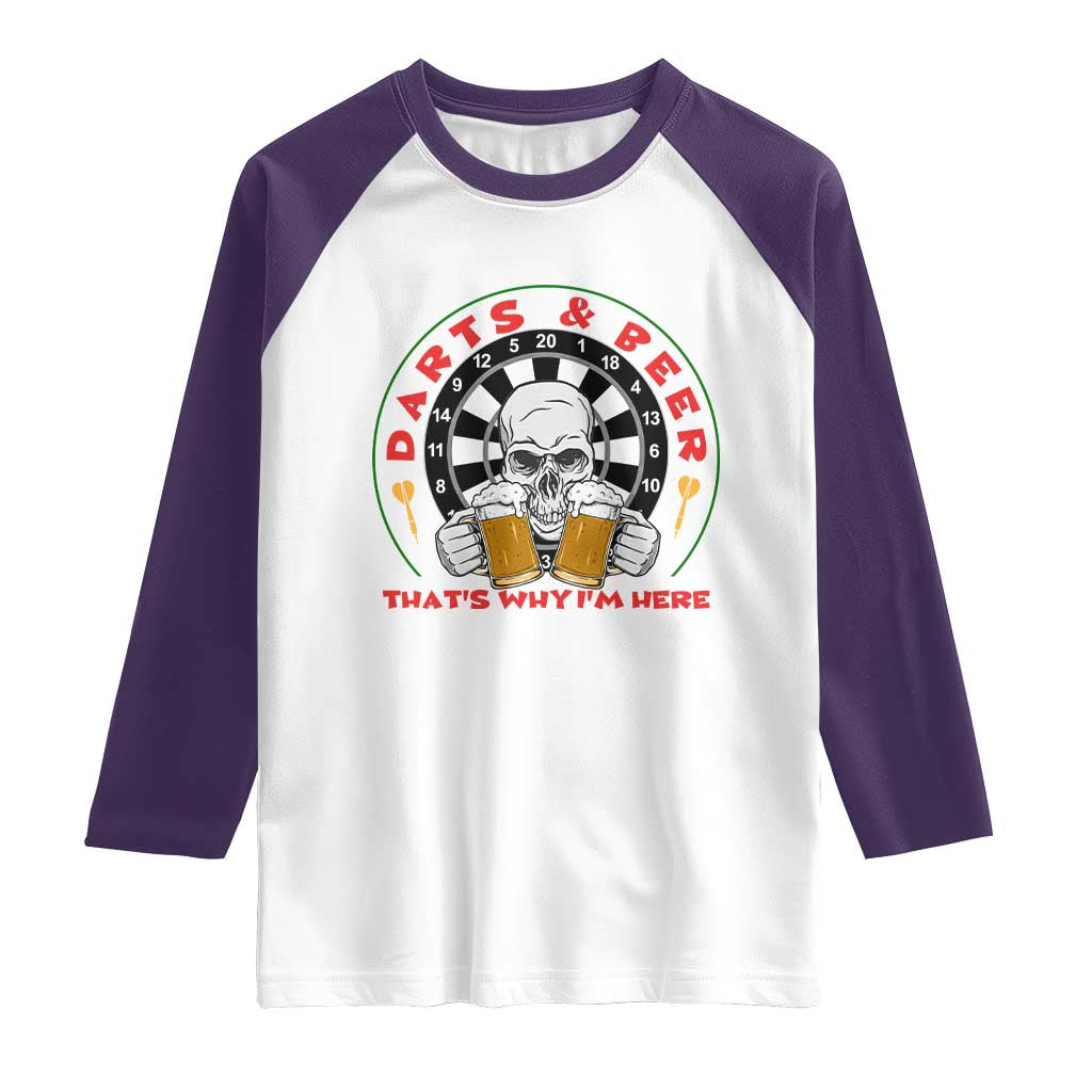 Funny Skeleton Darts Player Beer Lover Raglan Shirt That Is Why I Am Here TS12 White Purple Print Your Wear
