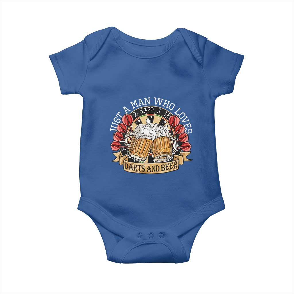 Just A Man Who Loves Darts And Beer Baby Onesie Funny Dart Player TS12 Royal Blue Print Your Wear