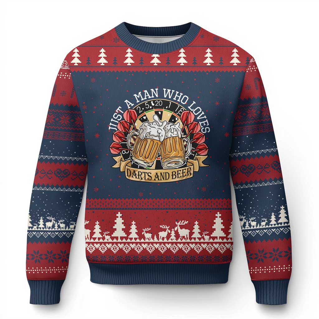 Just A Man Who Loves Darts And Beer Ugly Christmas Sweater Funny Dart Player TS12 Navy Red Print Your Wear