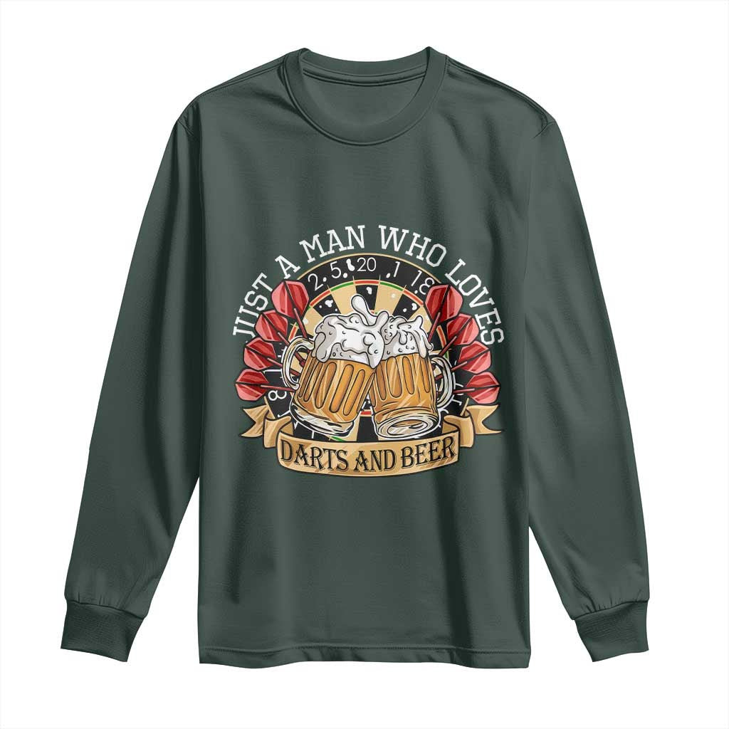 Just A Man Who Loves Darts And Beer Long Sleeve Shirt Funny Dart Player TS12 Dark Forest Green Print Your Wear