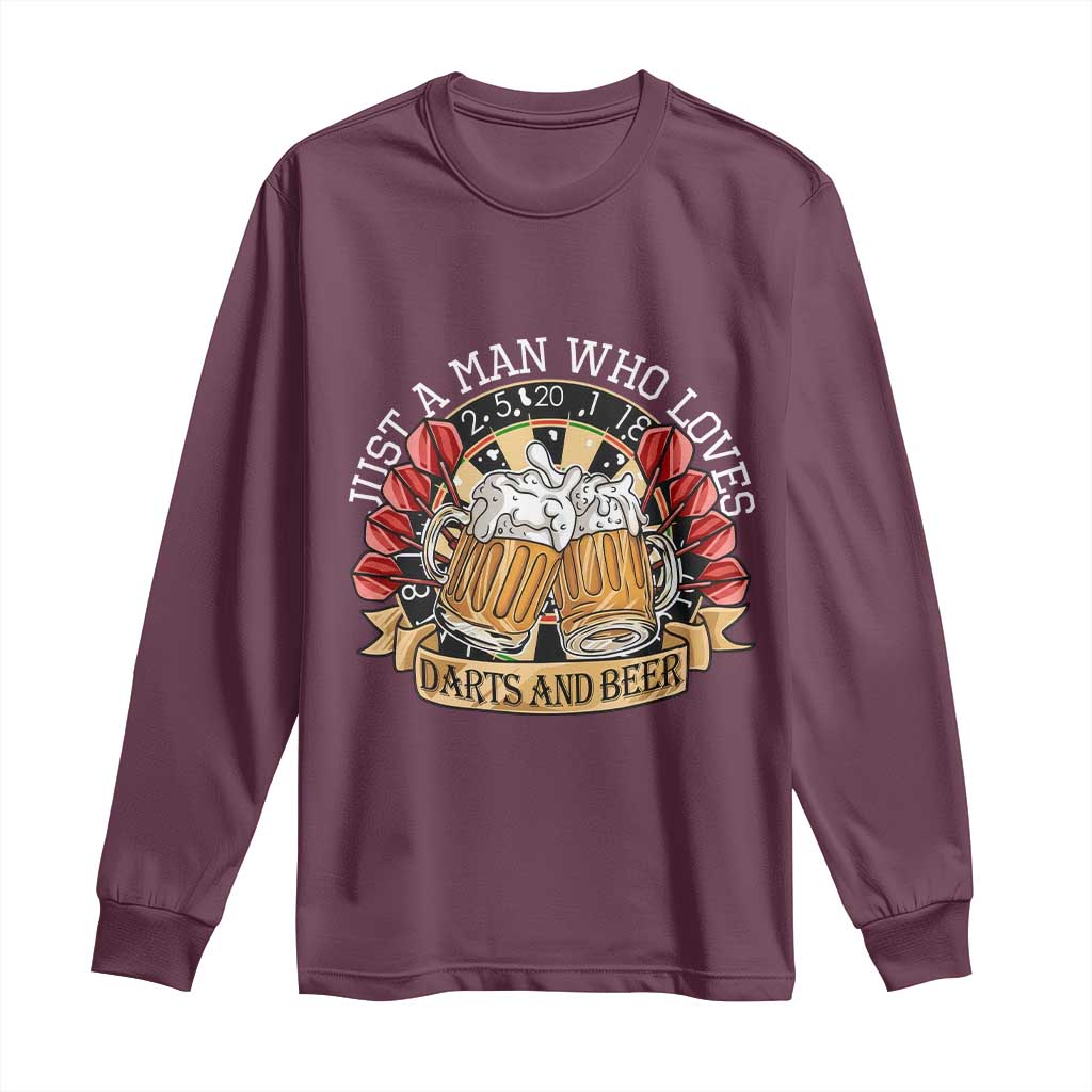 Just A Man Who Loves Darts And Beer Long Sleeve Shirt Funny Dart Player TS12 Maroon Print Your Wear
