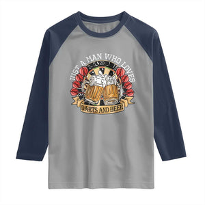 Just A Man Who Loves Darts And Beer Raglan Shirt Funny Dart Player TS12 Sport Gray Navy Print Your Wear