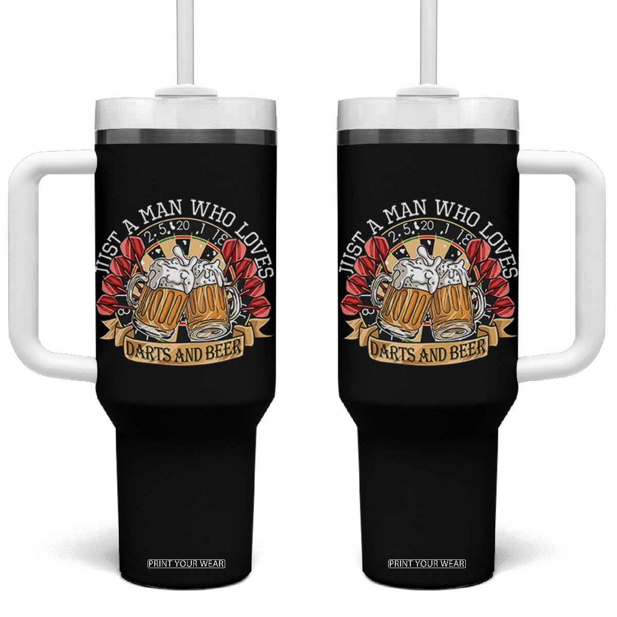 Just A Man Who Loves Darts And Beer Tumbler With Handle Funny Dart Player TS12 One Size: 40 oz Black Print Your Wear
