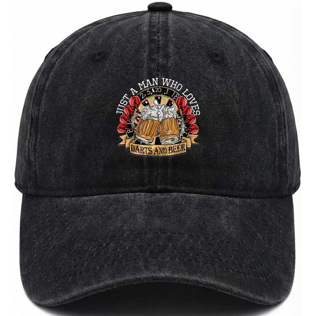 Just A Man Who Loves Darts And Beer Washed Cotton Baseball Cap Funny Dart Player TS12 Print Your Wear