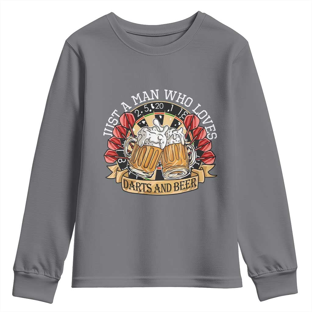 Just A Man Who Loves Darts And Beer Youth Sweatshirt Funny Dart Player TS12 Charcoal Print Your Wear