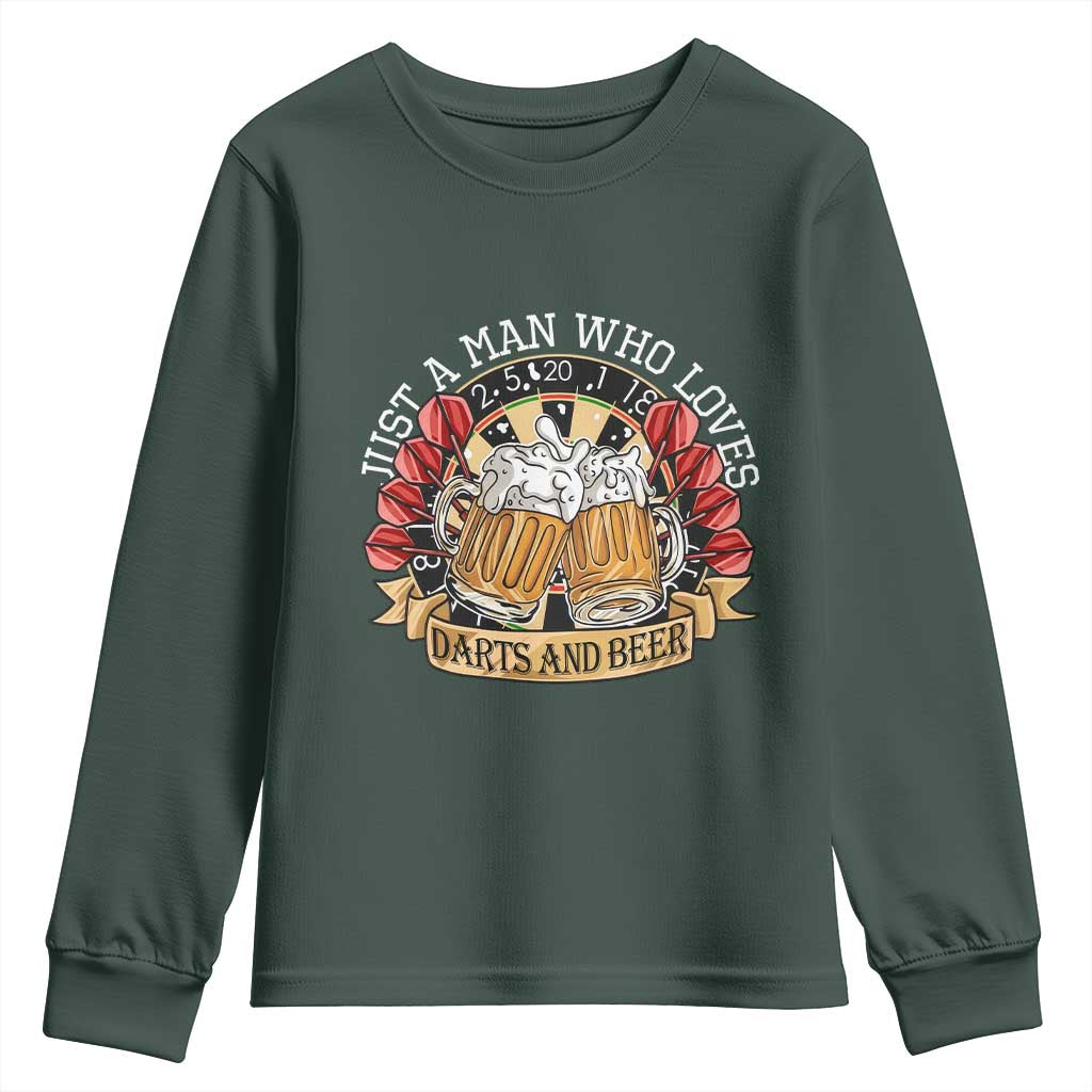 Just A Man Who Loves Darts And Beer Youth Sweatshirt Funny Dart Player TS12 Dark Forest Green Print Your Wear