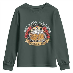 Just A Man Who Loves Darts And Beer Youth Sweatshirt Funny Dart Player TS12 Dark Forest Green Print Your Wear