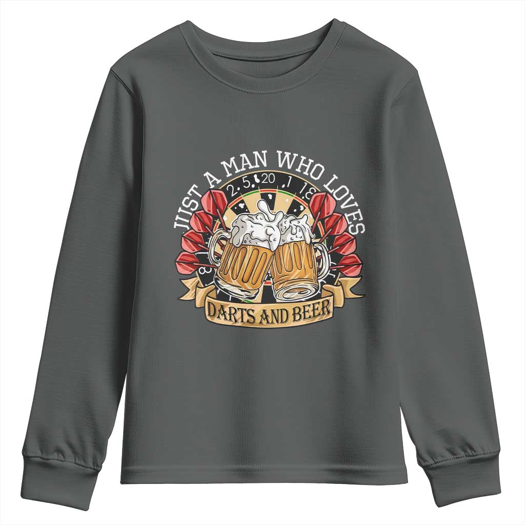 Just A Man Who Loves Darts And Beer Youth Sweatshirt Funny Dart Player TS12 Dark Heather Print Your Wear