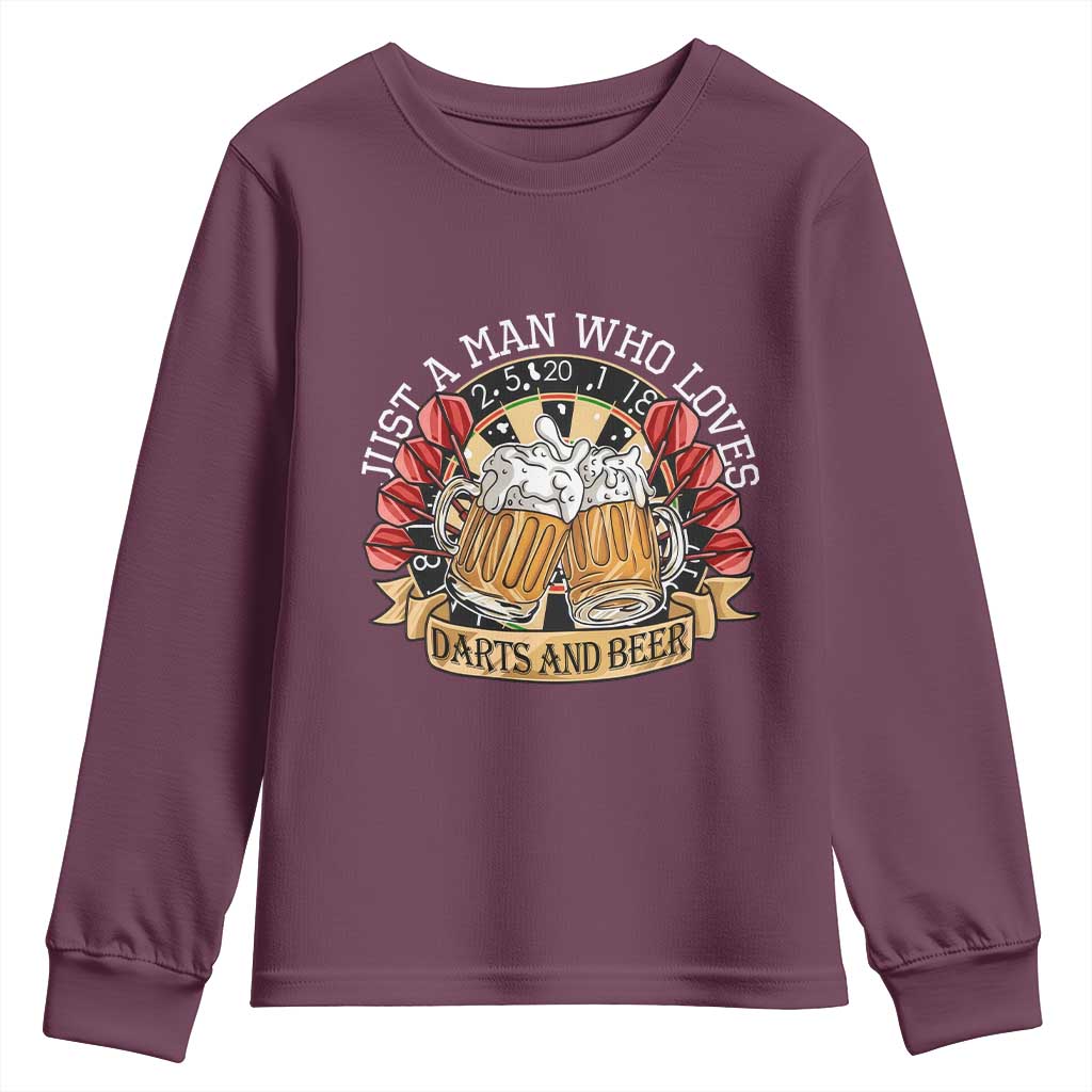 Just A Man Who Loves Darts And Beer Youth Sweatshirt Funny Dart Player TS12 Maroon Print Your Wear