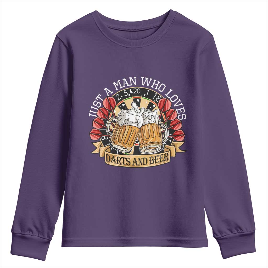 Just A Man Who Loves Darts And Beer Youth Sweatshirt Funny Dart Player TS12 Purple Print Your Wear