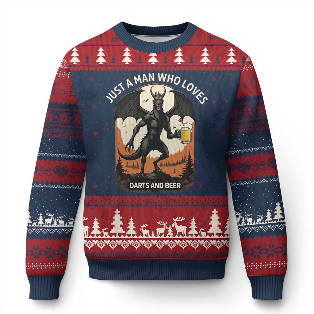 Funny Jersey Devil Loves Darts And Beer Ugly Christmas Sweater Cryptid Lover Gift TS12 Navy Red Print Your Wear