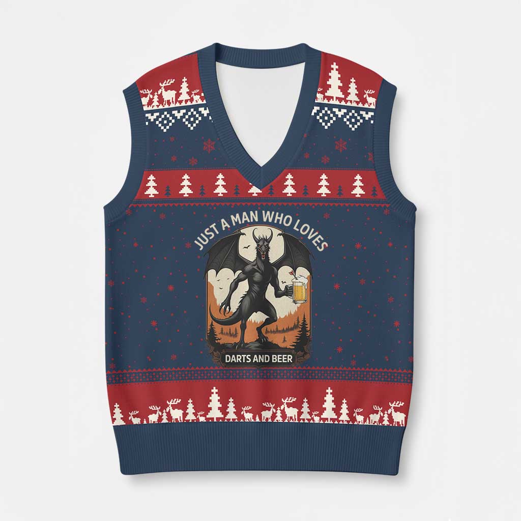 Funny Jersey Devil Loves Darts And Beer V-Neck Knit Sweater Vest Cryptid Lover Gift TS12 Navy Red Print Your Wear