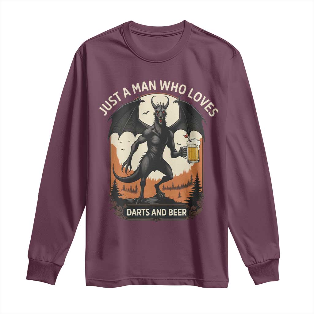 Funny Jersey Devil Loves Darts And Beer Long Sleeve Shirt Cryptid Lover Gift TS12 Maroon Print Your Wear