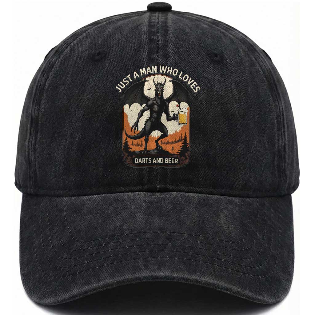 Funny Jersey Devil Loves Darts And Beer Washed Cotton Baseball Cap Cryptid Lover Gift TS12 Print Your Wear