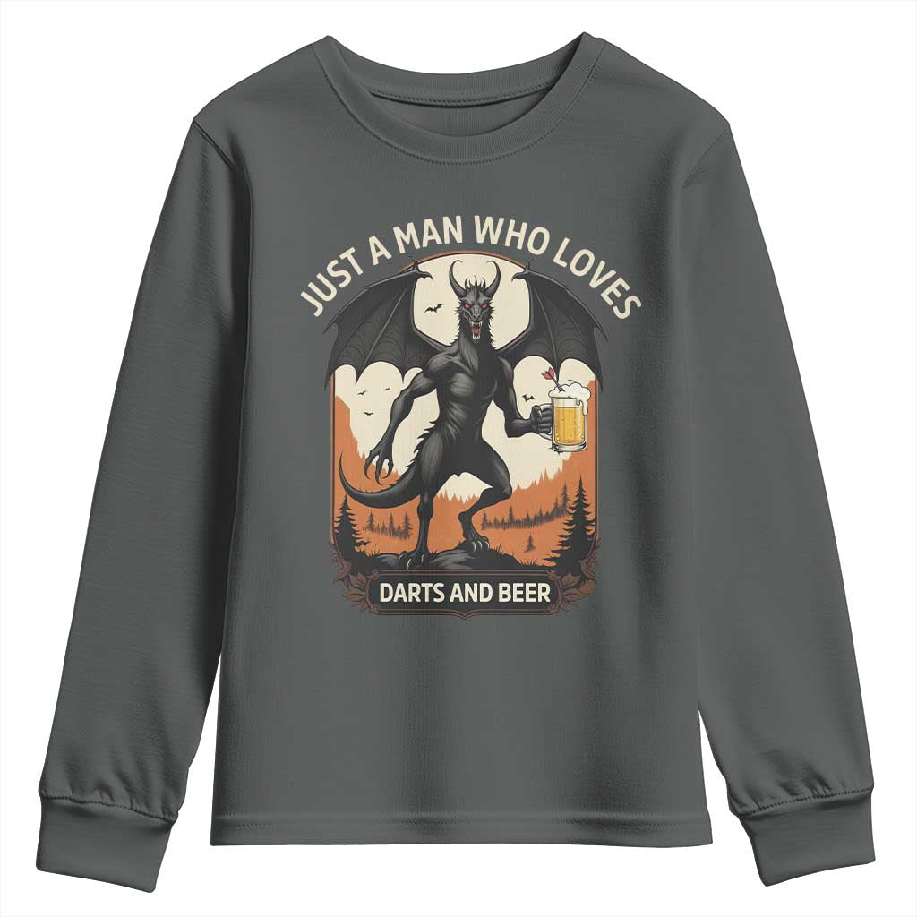 Funny Jersey Devil Loves Darts And Beer Youth Sweatshirt Cryptid Lover Gift TS12 Dark Heather Print Your Wear