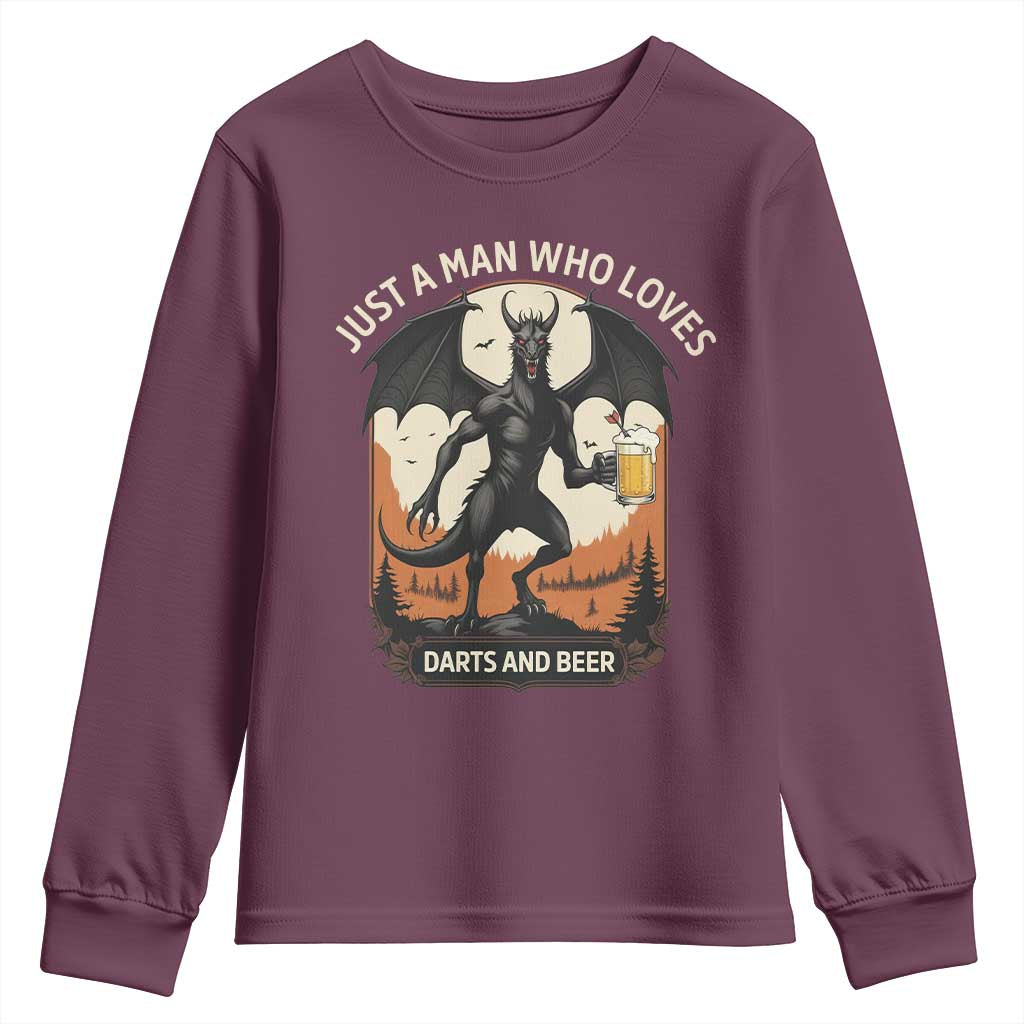 Funny Jersey Devil Loves Darts And Beer Youth Sweatshirt Cryptid Lover Gift TS12 Maroon Print Your Wear