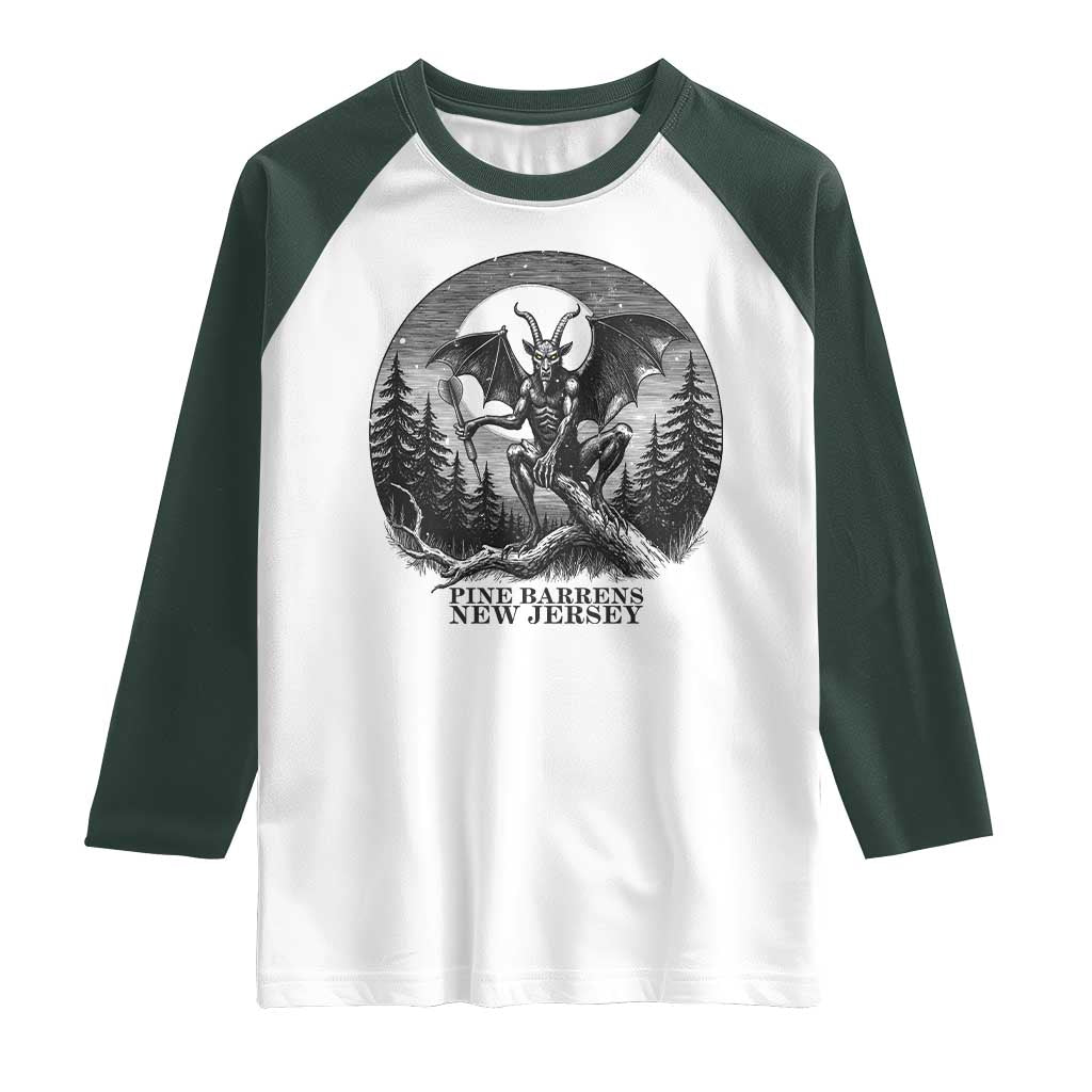 Jersey Devil Playing Dart Raglan Shirt Gothic Horror Gift Pine Barrens New Jersey TS12 White Dark Forest Green Print Your Wear