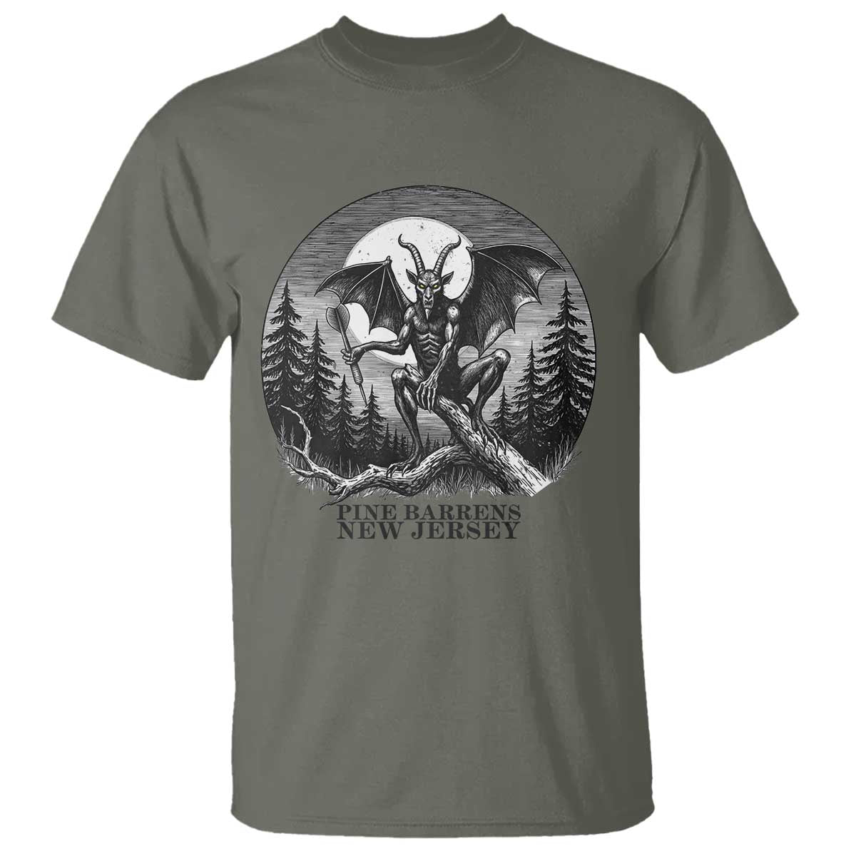 Jersey Devil Playing Dart T Shirt Gothic Horror Gift Pine Barrens New Jersey TS12 Military Green Print Your Wear