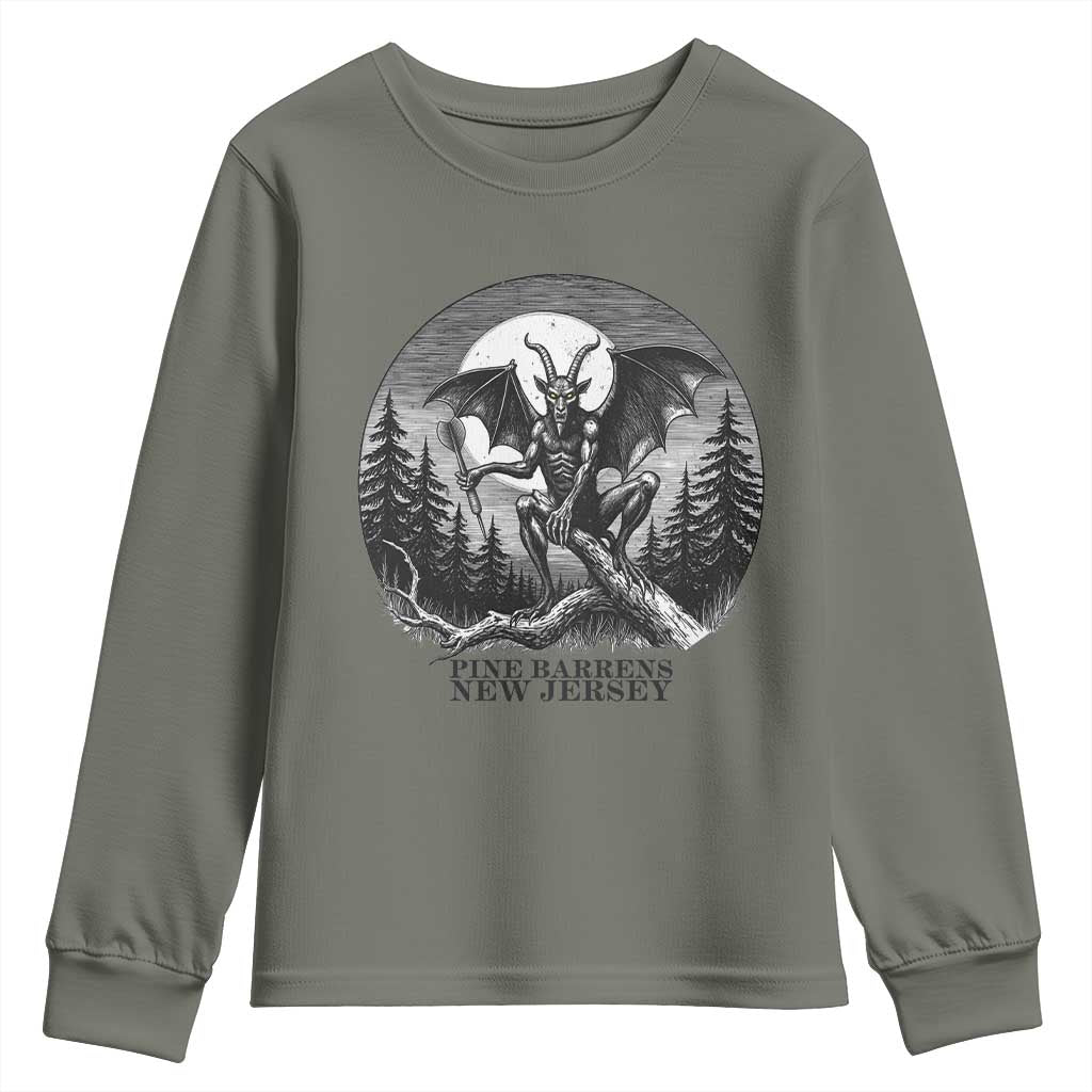 Jersey Devil Playing Dart Youth Sweatshirt Gothic Horror Gift Pine Barrens New Jersey TS12 Military Green Print Your Wear