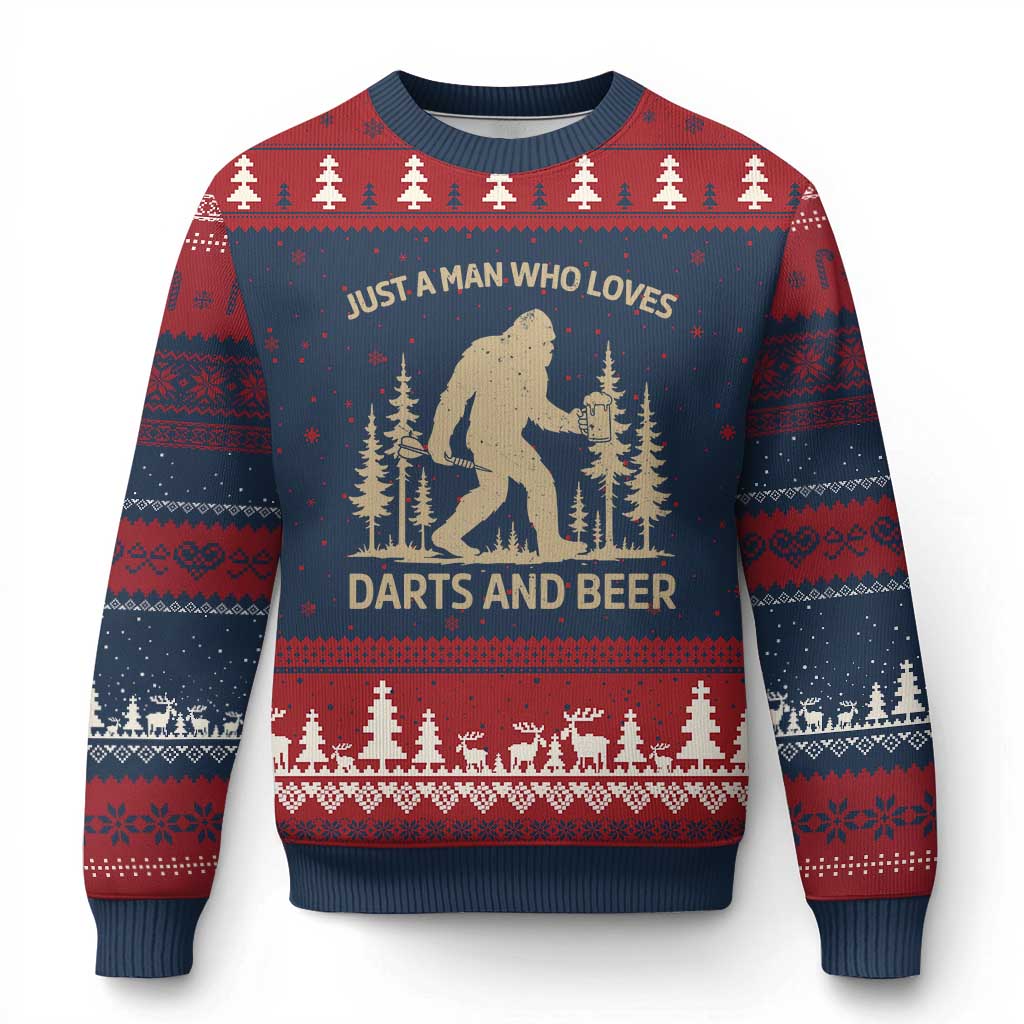 Funny Bigfoot Just A Man Who Loves Darts And Beer Gift Ugly Christmas Sweater TS12 Navy Red Print Your Wear