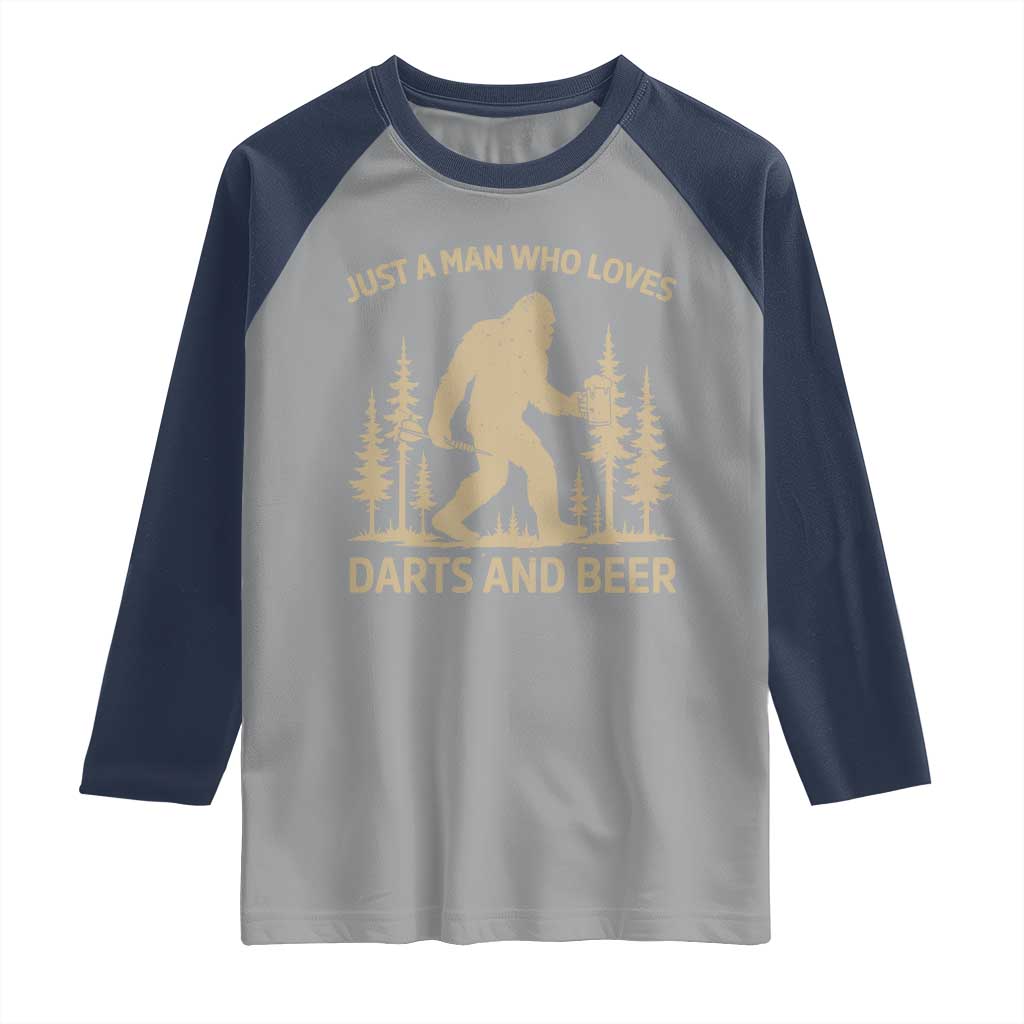 Funny Bigfoot Just A Man Who Loves Darts And Beer Gift Raglan Shirt TS12 Sport Gray Navy Print Your Wear