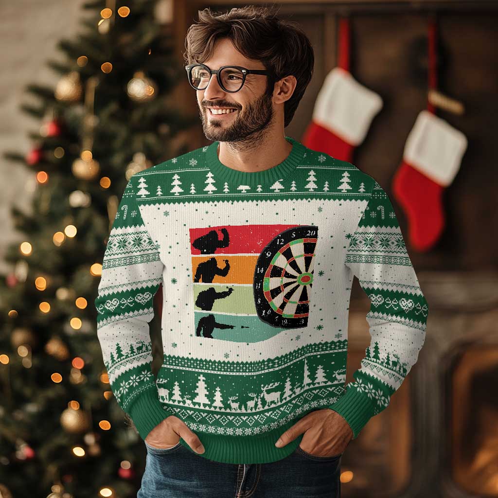 Funny Bigfoot Dart Player Crytid Sunset Retro Vintage Ugly Christmas Sweater Dartist Gift TS12 Beige Green Print Your Wear