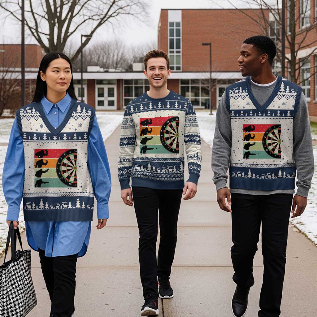 Funny Bigfoot Dart Player Crytid Sunset Retro Vintage V-Neck Knit Sweater Vest Dartist Gift TS12 Beige Navy Print Your Wear