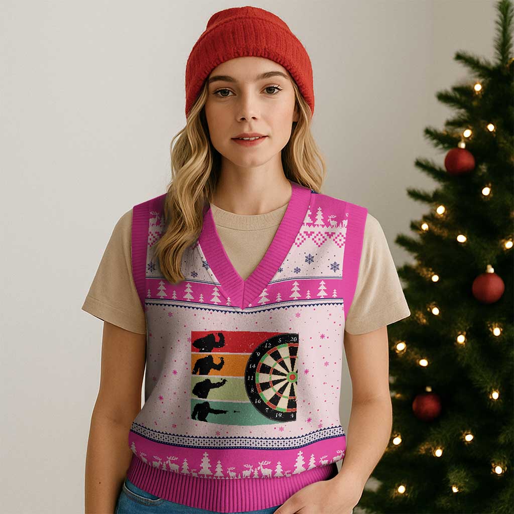 Funny Bigfoot Dart Player Crytid Sunset Retro Vintage V-Neck Knit Sweater Vest Dartist Gift TS12 Hot Pink Print Your Wear