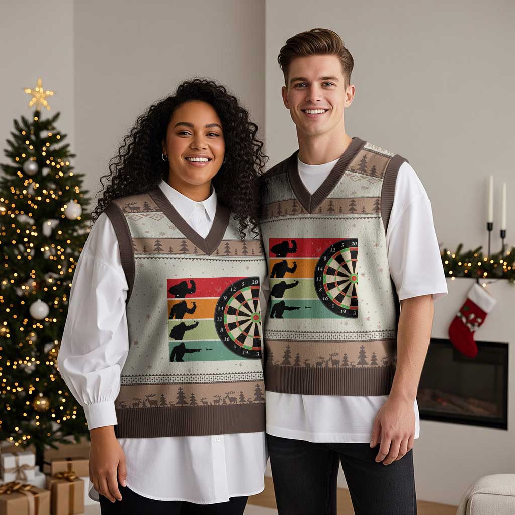 Funny Bigfoot Dart Player Crytid Sunset Retro Vintage V-Neck Knit Sweater Vest Dartist Gift TS12 Mocha Mousse Print Your Wear