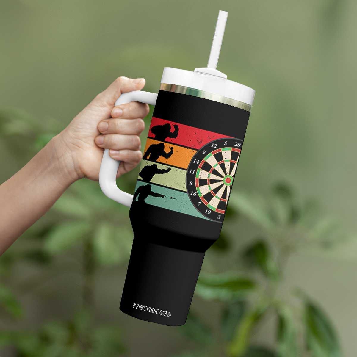 Funny Bigfoot Dart Player Crytid Sunset Retro Vintage Tumbler With Handle Dartist Gift TS12 Print Your Wear