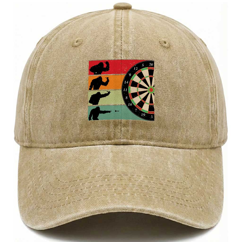 Funny Bigfoot Dart Player Crytid Sunset Retro Vintage Washed Cotton Baseball Cap Dartist Gift TS12 Print Your Wear