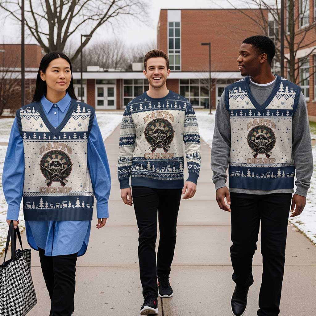 Darts Player Champion V-Neck Knit Sweater Vest Skull Dartboard Retro Style TS12 Beige Navy Print Your Wear