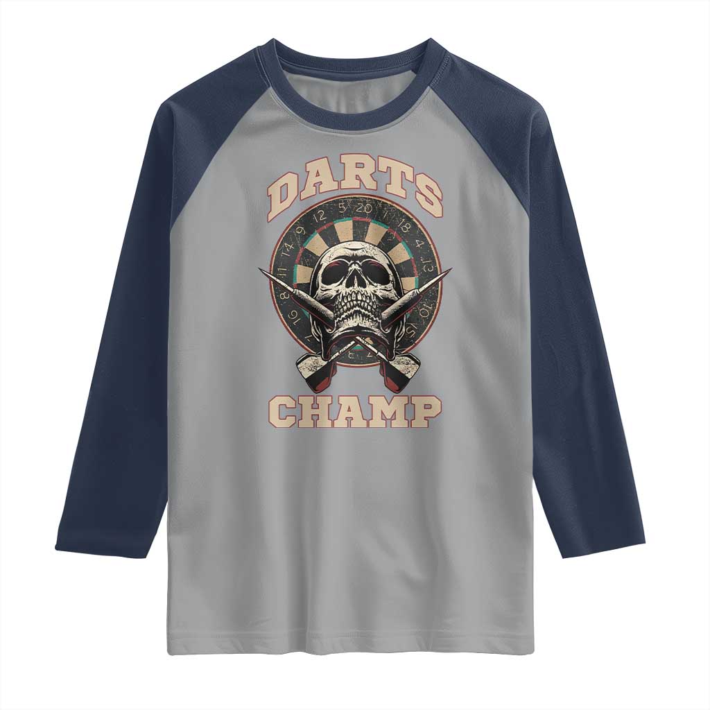 Darts Player Champion Raglan Shirt Skull Dartboard Retro Style TS12 Sport Gray Navy Print Your Wear