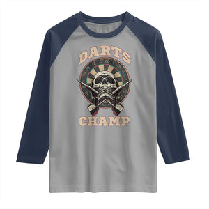 Darts Player Champion Raglan Shirt Skull Dartboard Retro Style TS12 Sport Gray Navy Print Your Wear
