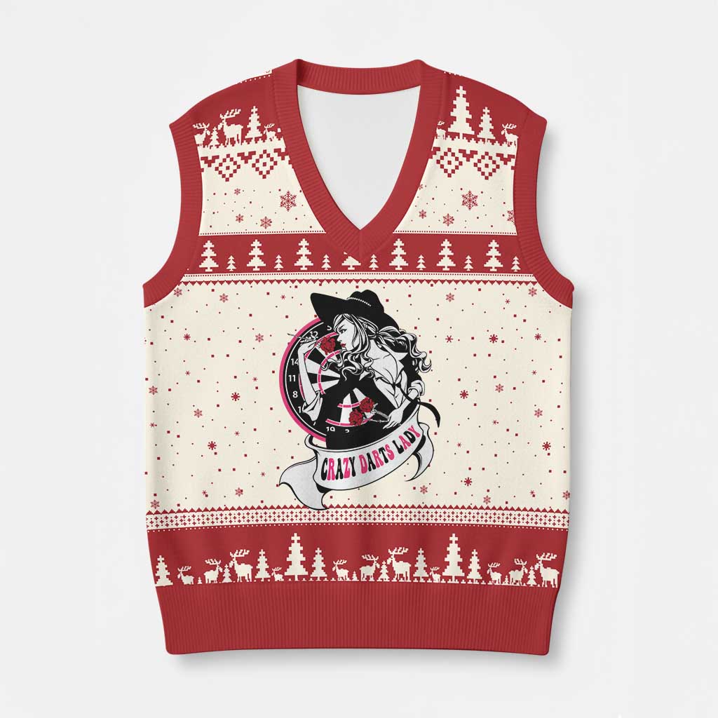 Funny Crazy Darts Lady V-Neck Knit Sweater Vest Coolest Girls Play Darts TS12 Beige Red Print Your Wear