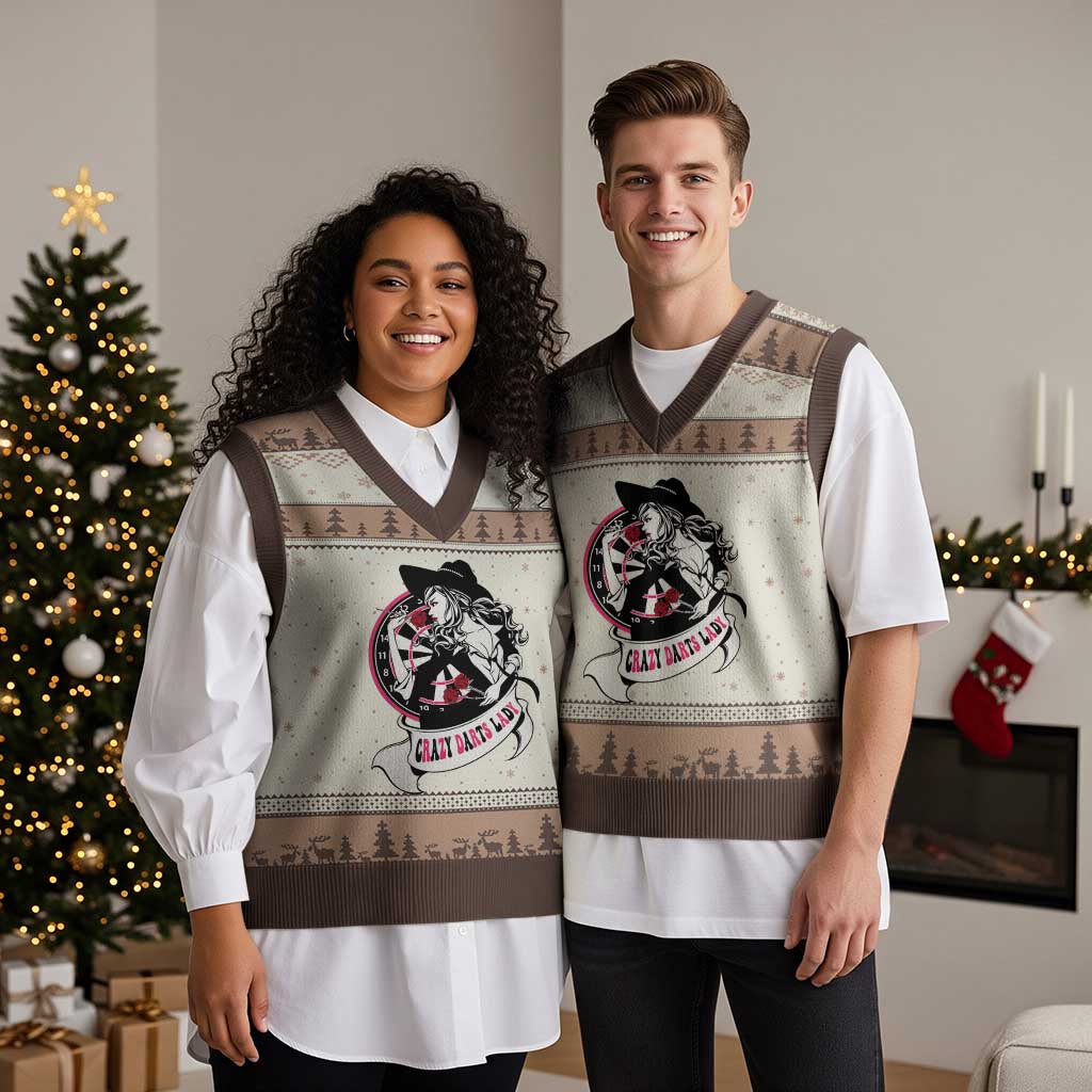 Funny Crazy Darts Lady V-Neck Knit Sweater Vest Coolest Girls Play Darts TS12 Mocha Mousse Print Your Wear