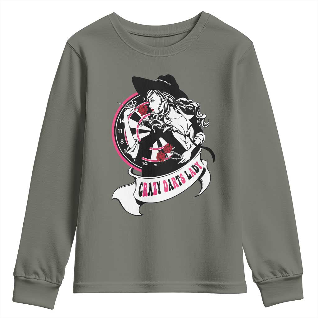 Funny Crazy Darts Lady Youth Sweatshirt Coolest Girls Play Darts TS12 Military Green Print Your Wear
