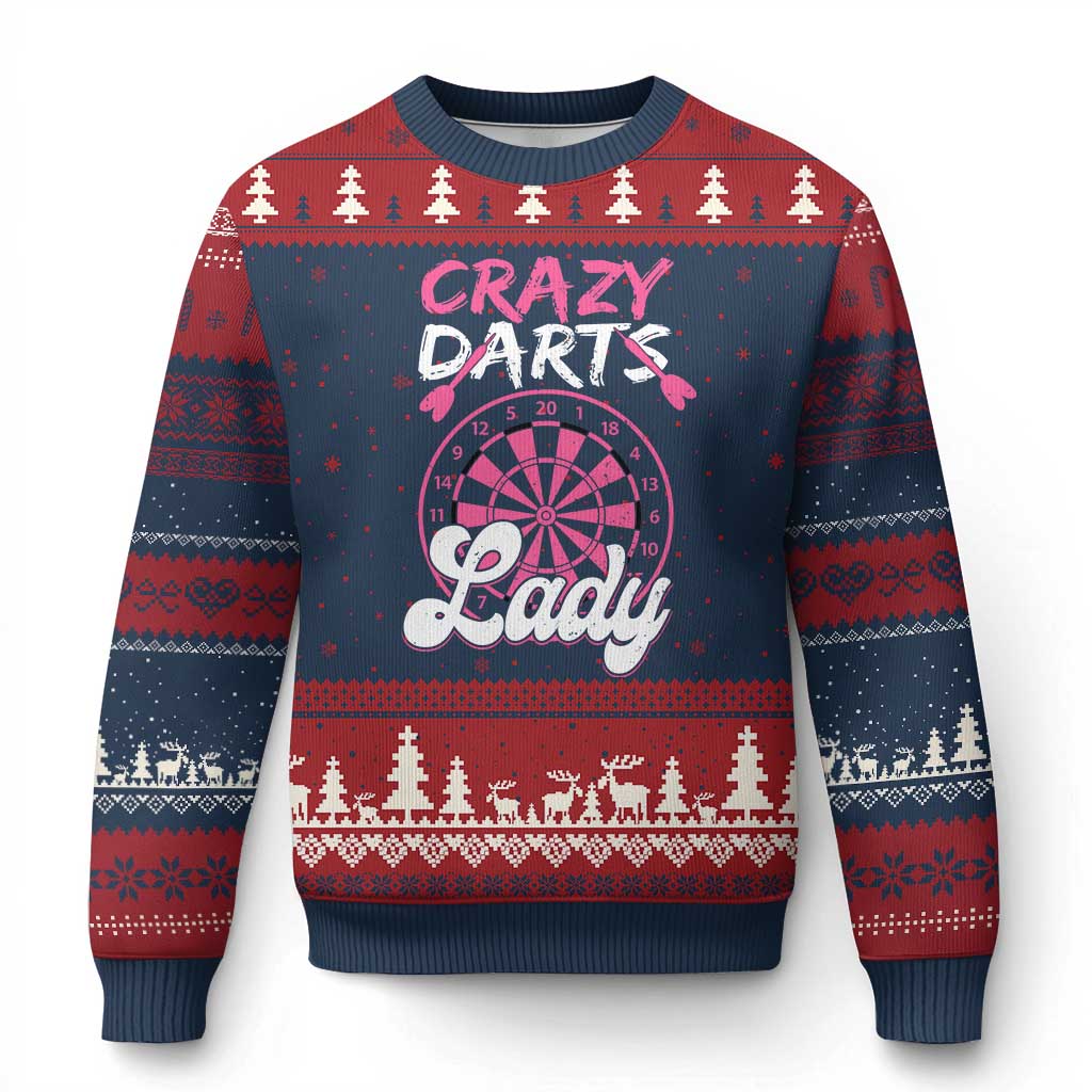 Crazy Darts Lady Bullseye Dart Shooting Ugly Christmas Sweater Female Dartist Gift TS12 Navy Red Print Your Wear
