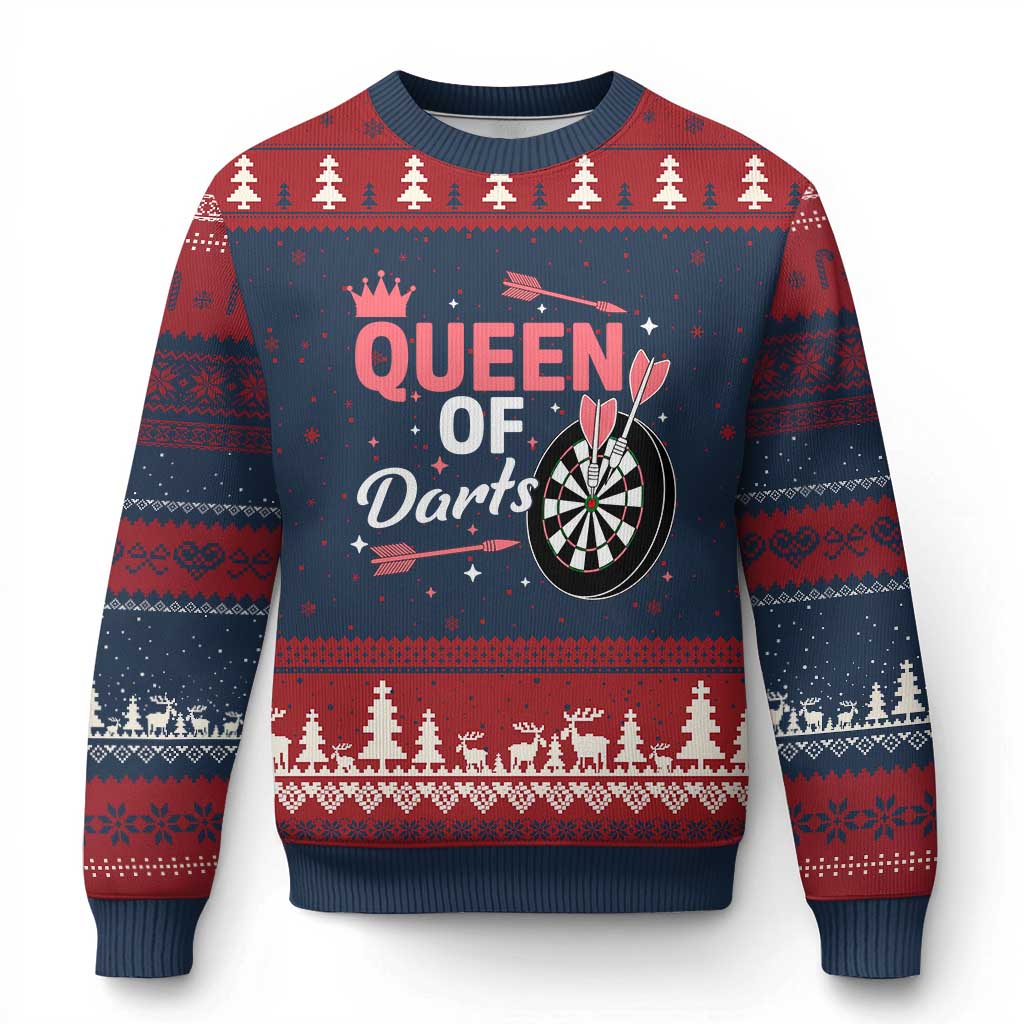 Queen Of Darts Bullseye Shooter Ugly Christmas Sweater Female Dartist Gift TS12 Navy Red Print Your Wear
