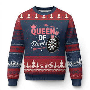 Queen Of Darts Bullseye Shooter Ugly Christmas Sweater Female Dartist Gift TS12 Navy Red Print Your Wear