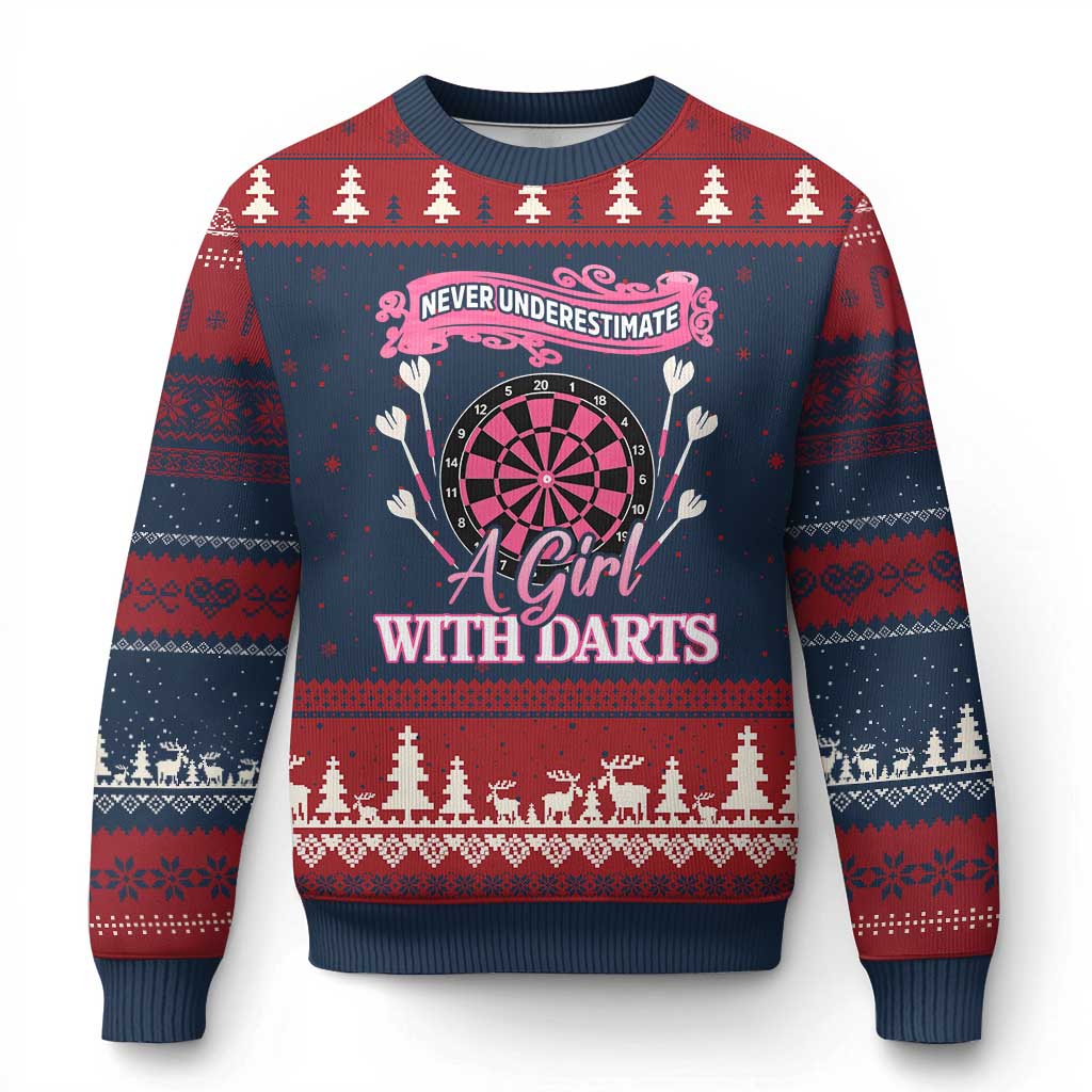 Never Underestimate A Girl Dart Player Gift Idea Ugly Christmas Sweater TS12 Navy Red Print Your Wear