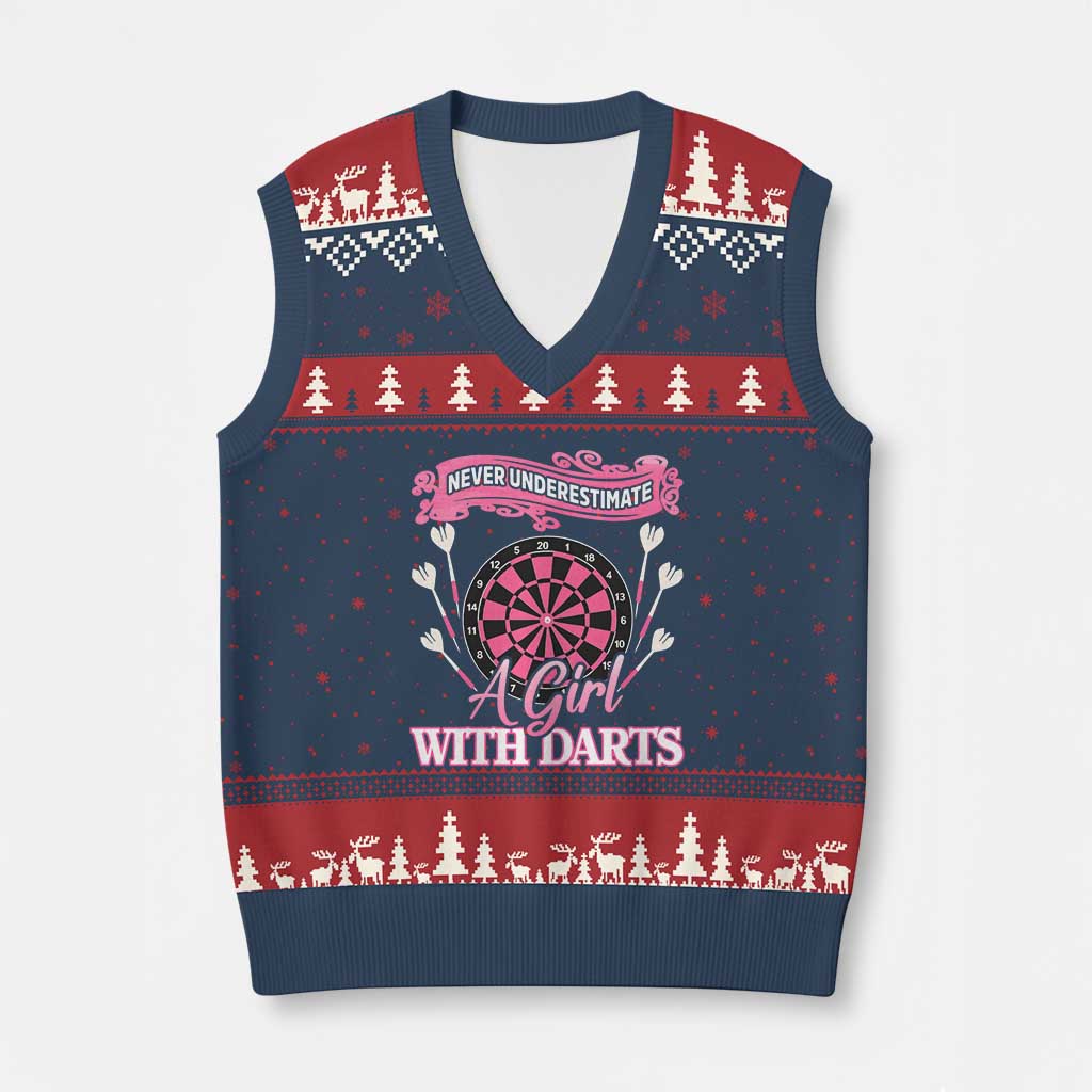Never Underestimate A Girl Dart Player Gift Idea V-Neck Knit Sweater Vest TS12 Navy Red Print Your Wear