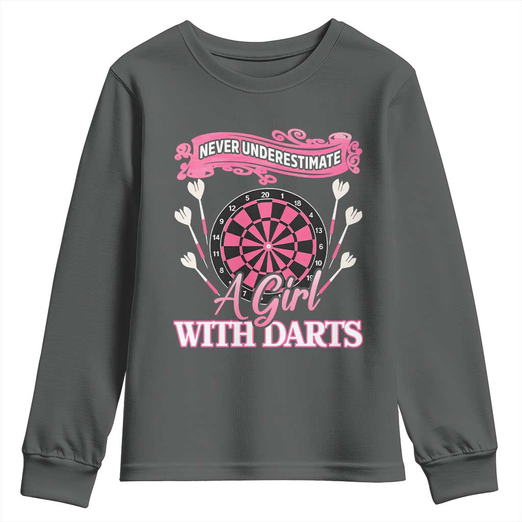 Never Underestimate A Girl Dart Player Gift Idea Youth Sweatshirt TS12 Dark Heather Print Your Wear