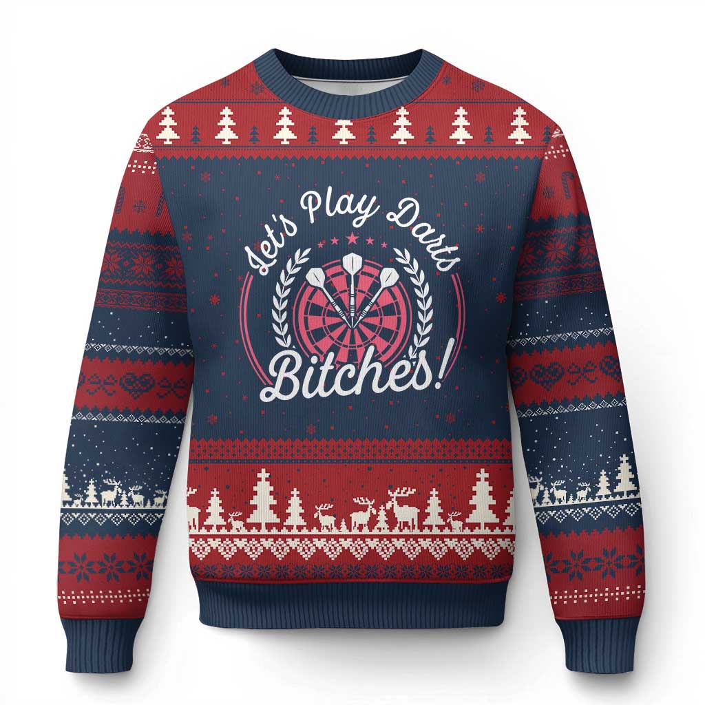 Lets Play Darts Bitches Ugly Christmas Sweater Funny Female Dartist Gift TS12 Navy Red Print Your Wear
