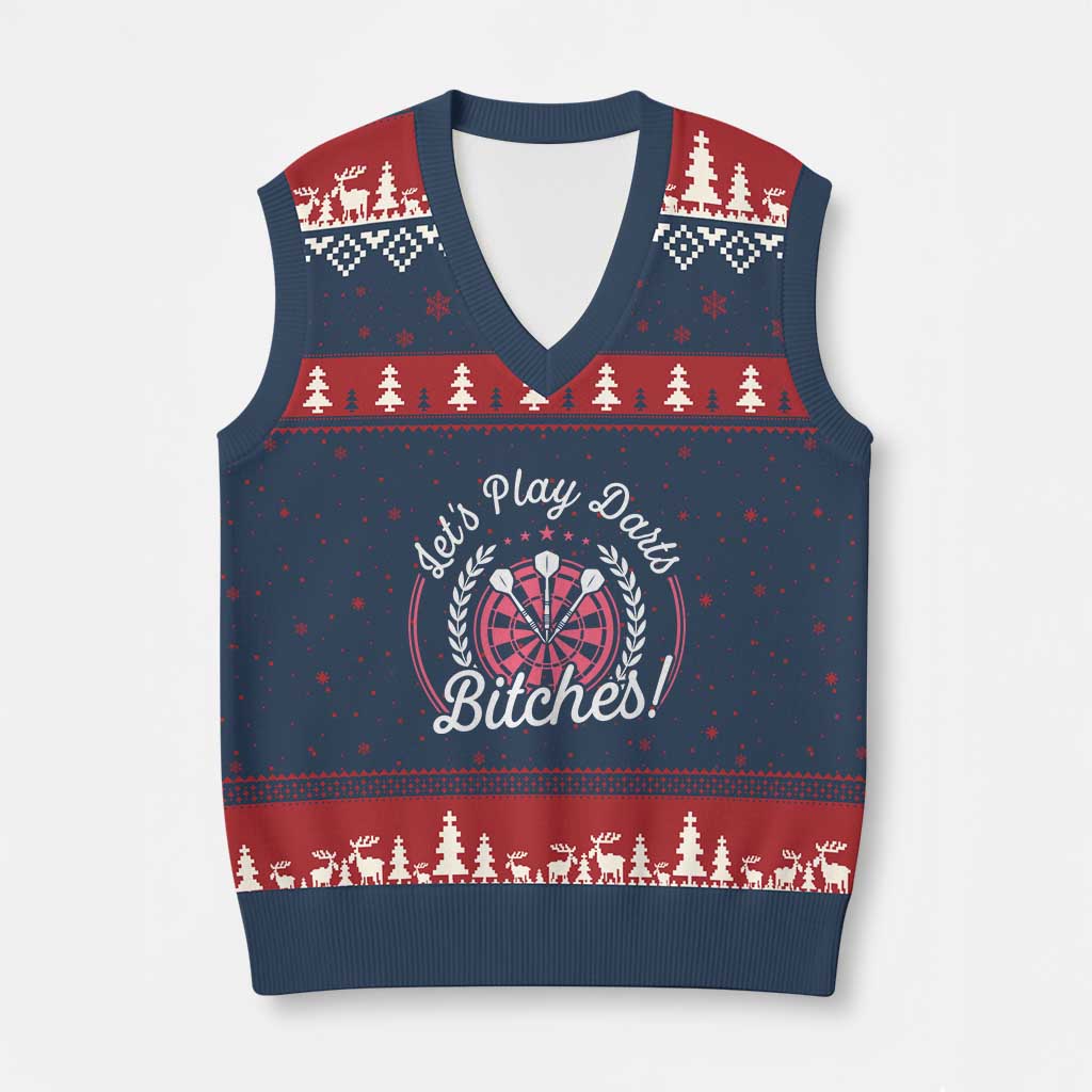 Lets Play Darts Bitches V-Neck Knit Sweater Vest Funny Female Dartist Gift TS12 Navy Red Print Your Wear